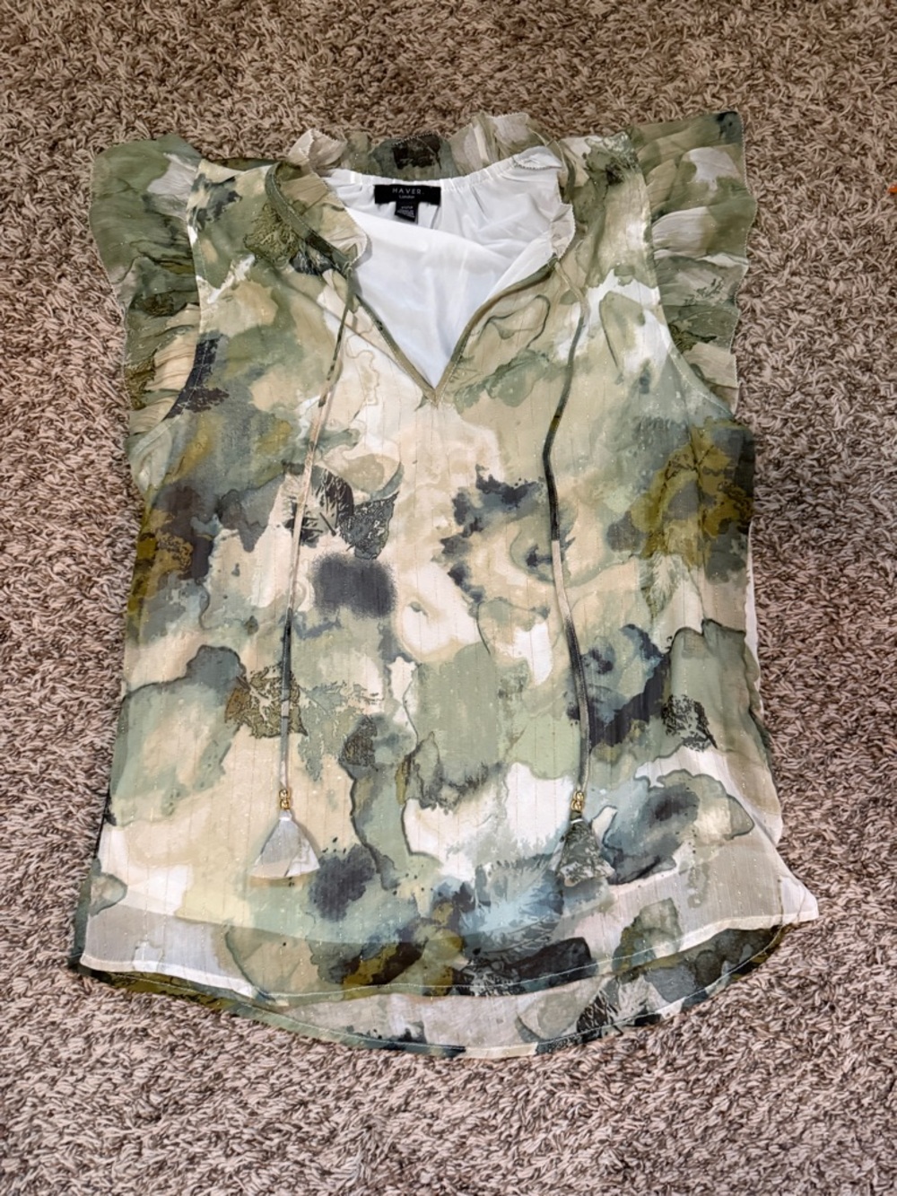 Haver London Women's Artistic Green and Cream Blouse